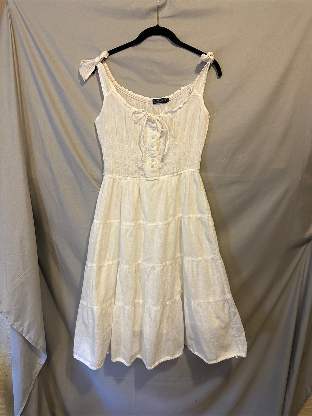 Smocked White Tiered Midi Dress with Tie Straps